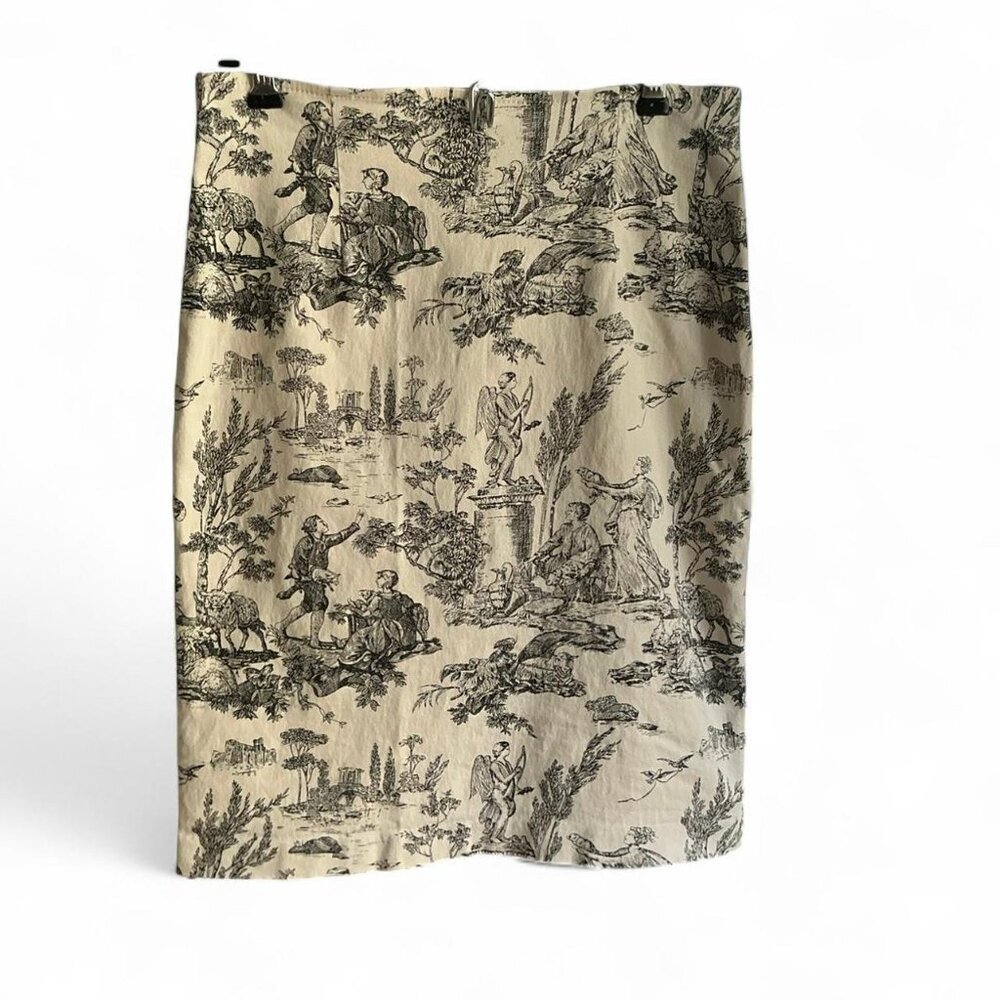 Vintage Black and cream toile print mini‎ pencil skirt cotton stretch spandex 6